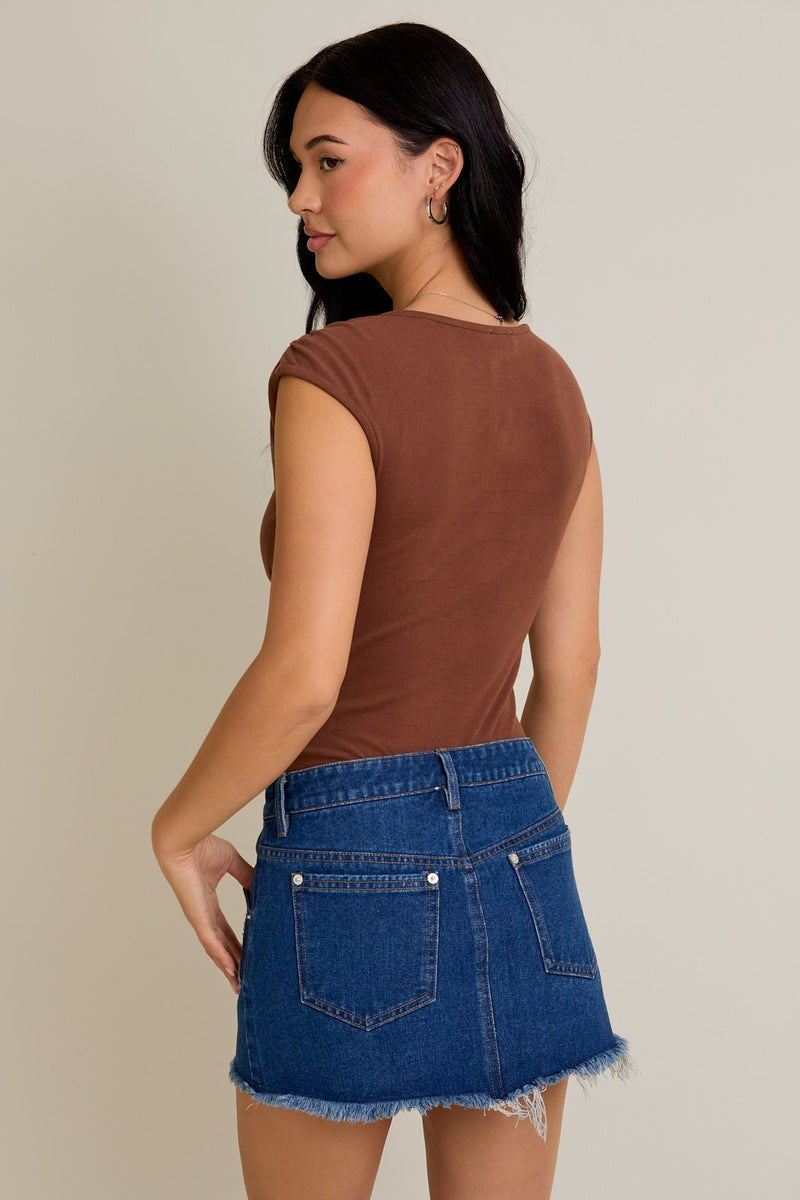 Le Lis Brown Sweetheart Neck Shirred Shoulder Bodysuit