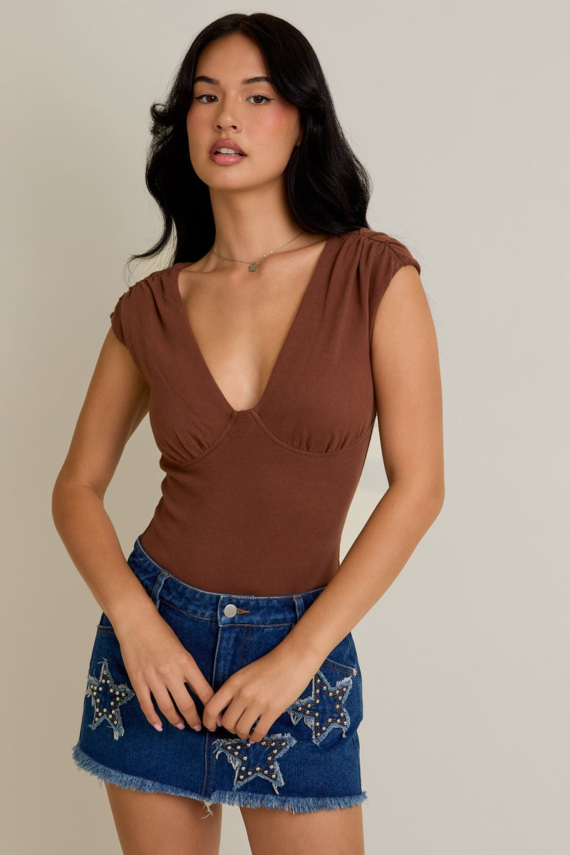 Le Lis Brown Sweetheart Neck Shirred Shoulder Bodysuit