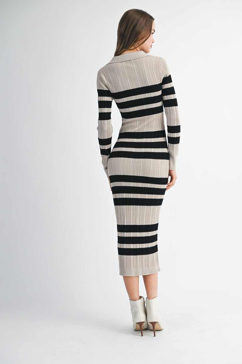 Mable I'm Choosing Happiness Stripe Ribbed Collared V Neckline Knit Dress