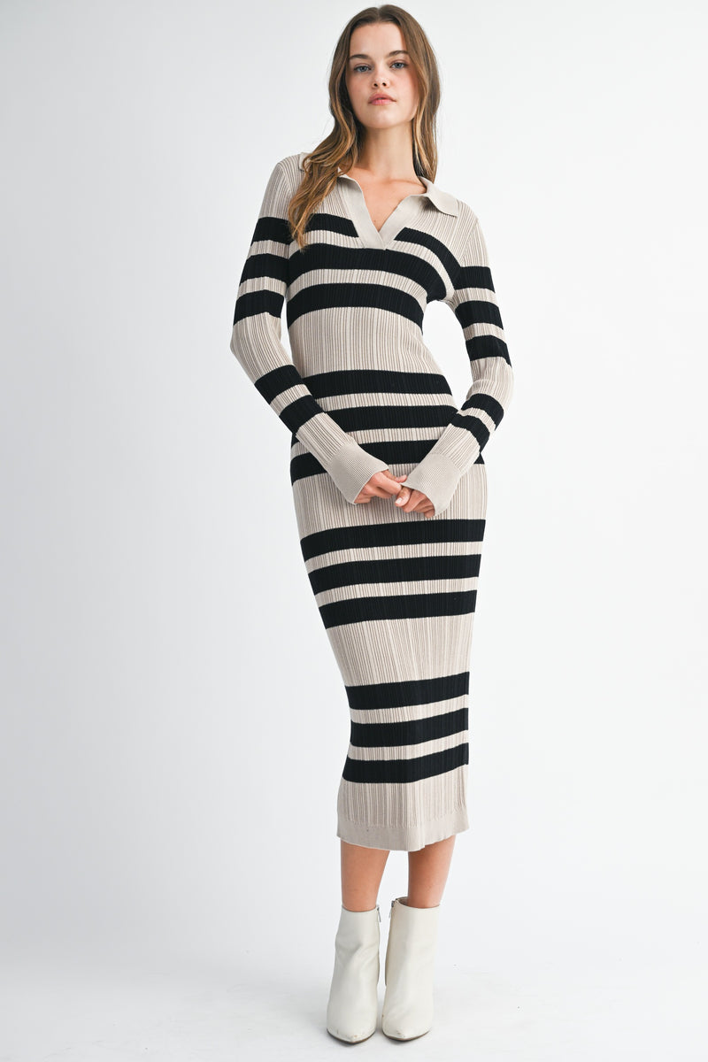 Mable I'm Choosing Happiness Stripe Ribbed Collared V Neckline Knit Dress
