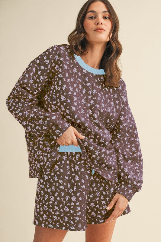Annie Blue And Brown Floral Print Quilted Knit Pullover