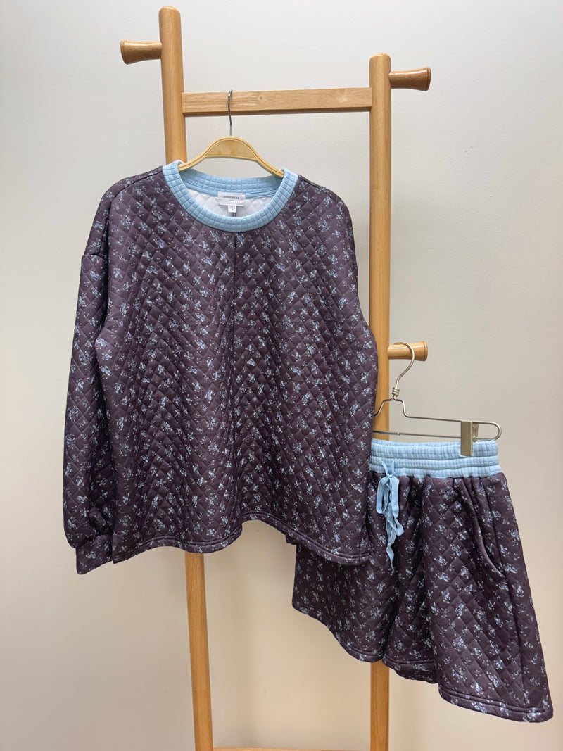 Annie Blue And Brown Floral Print Quilted Knit Pullover