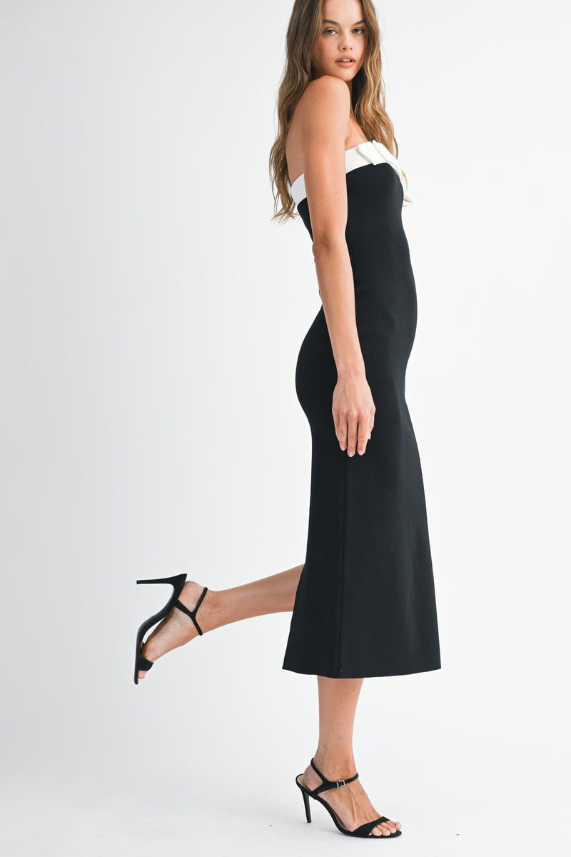 Mable Strapless Knit Contrast Trim Midi Dress With Bow