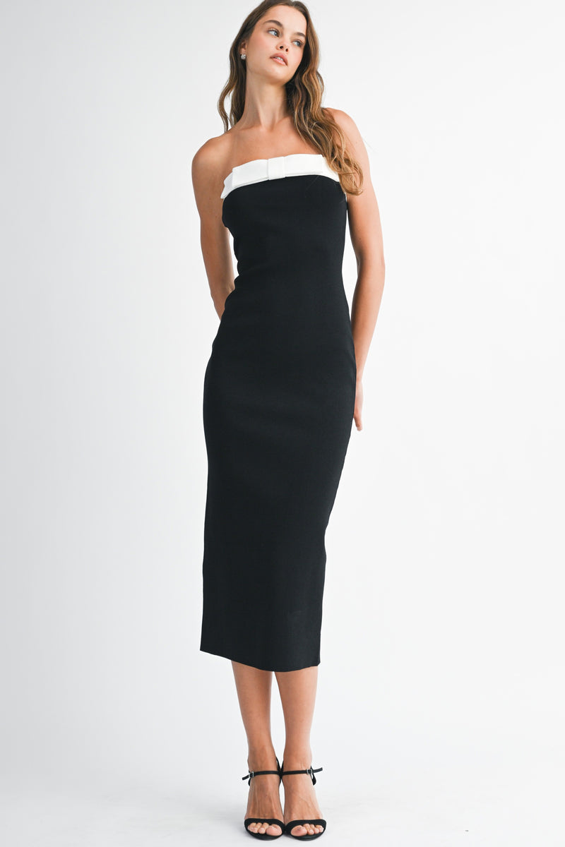 Mable Strapless Knit Contrast Trim Midi Dress With Bow