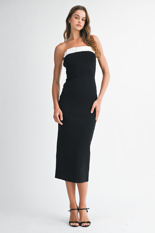 Mable Strapless Knit Contrast Trim Midi Dress With Bow