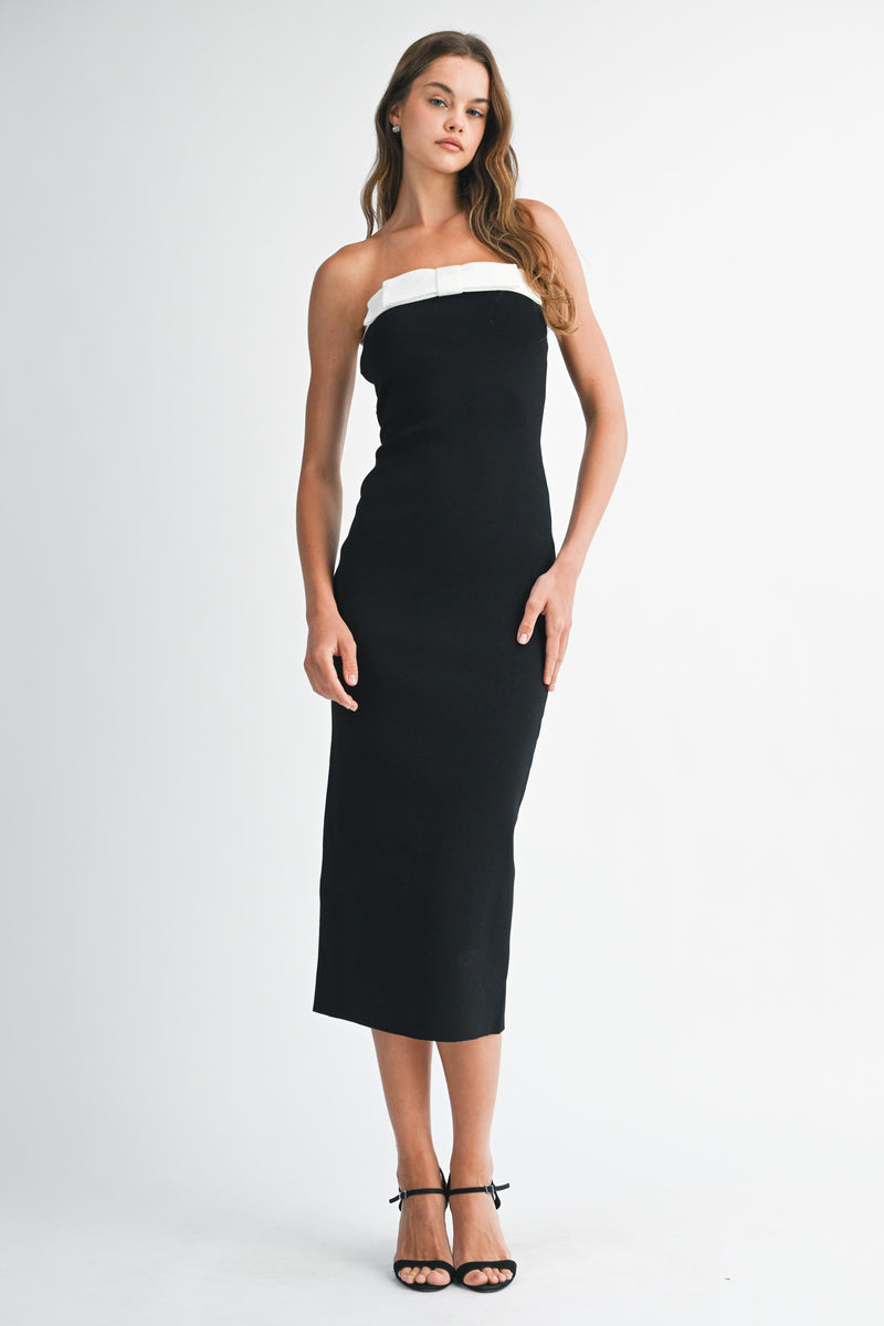 Mable Strapless Knit Contrast Trim Midi Dress With Bow