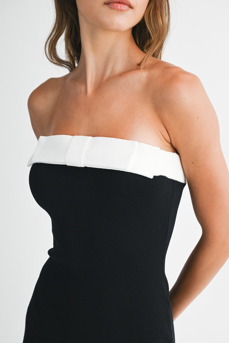Mable Strapless Knit Contrast Trim Midi Dress With Bow