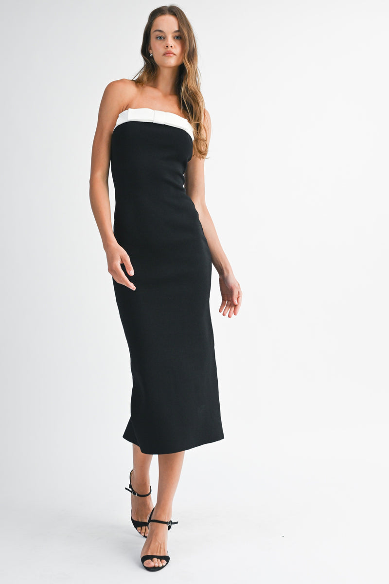 Mable Strapless Knit Contrast Trim Midi Dress With Bow