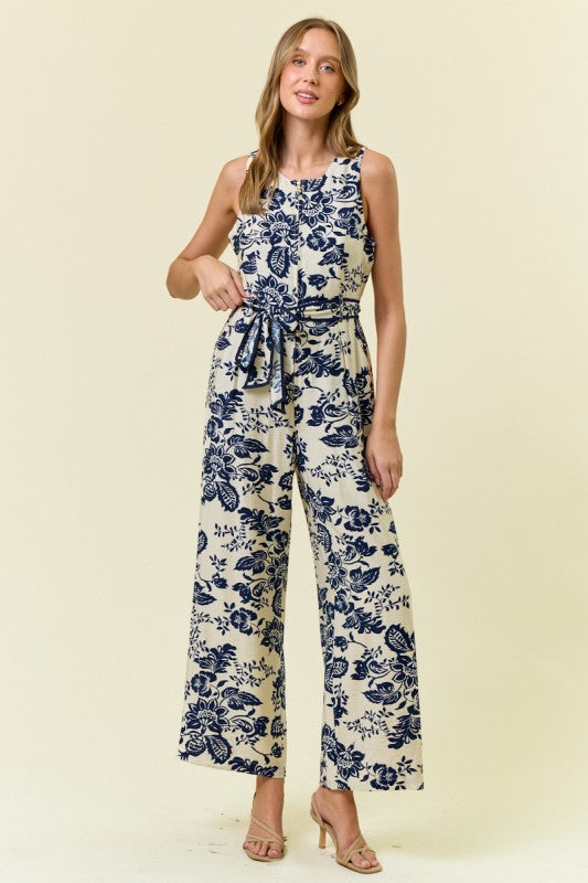 Navy Paisley Printed Zip Front Slvless Jumpsuit