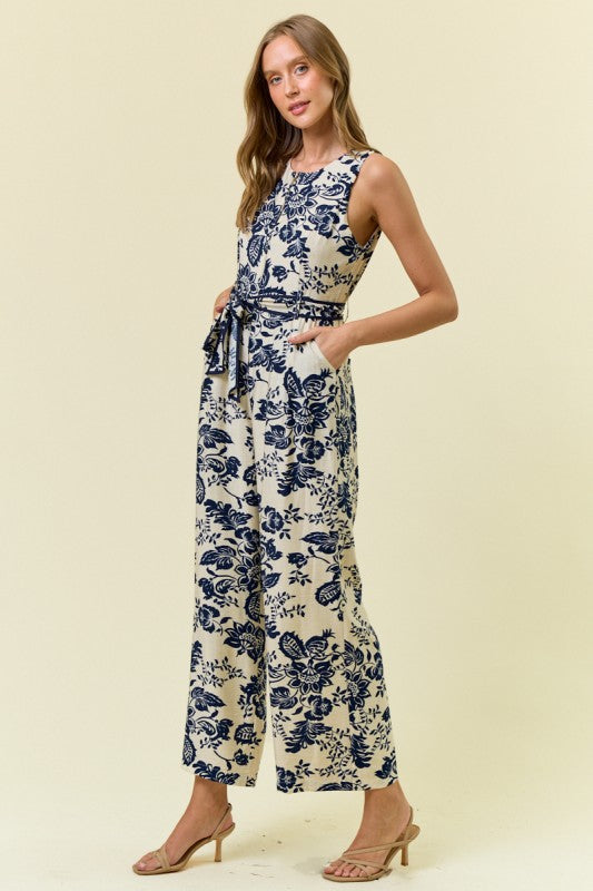 Navy Paisley Printed Zip Front Slvless Jumpsuit