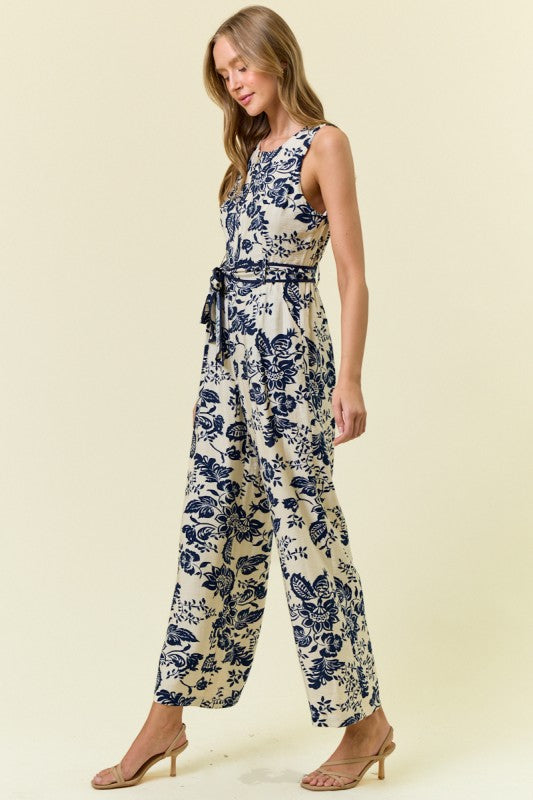 Navy Paisley Printed Zip Front Slvless Jumpsuit
