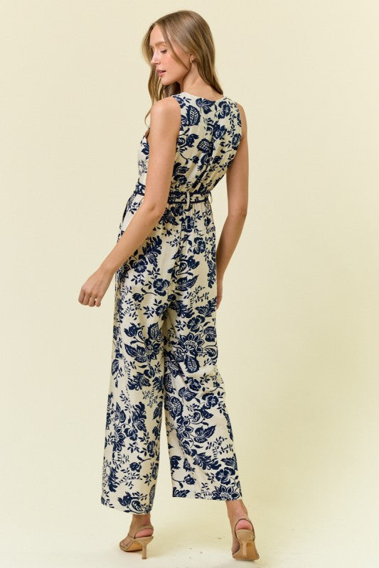Navy Paisley Printed Zip Front Slvless Jumpsuit