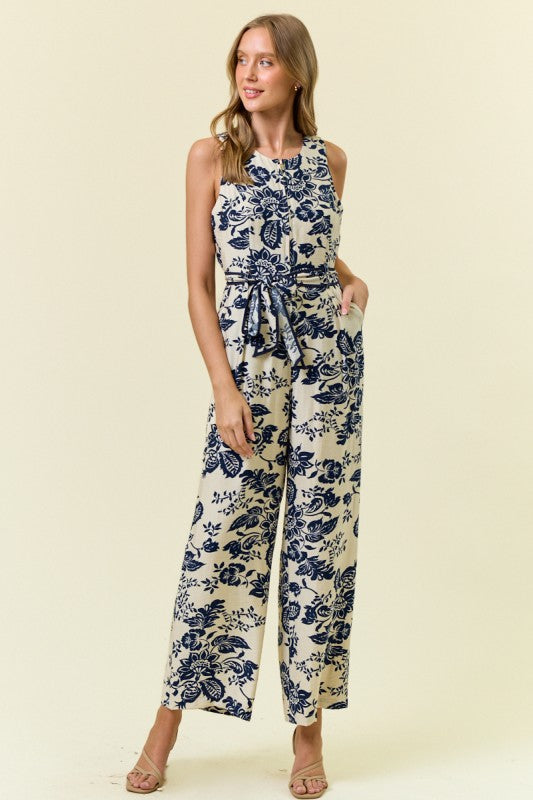Navy Paisley Printed Zip Front Slvless Jumpsuit