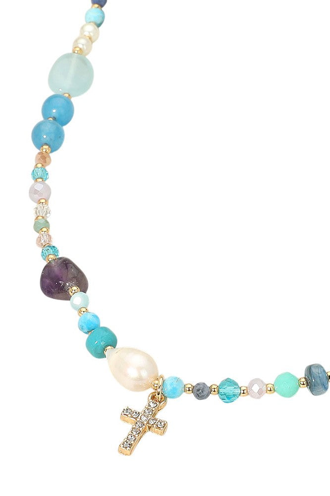 Stone Paved Mini Cross Turquoise Beaded Necklace