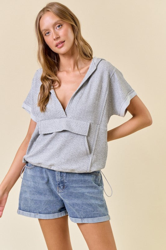 Heather Grey Knit Notched V-neckline Front Pouch Pocket Hoodie