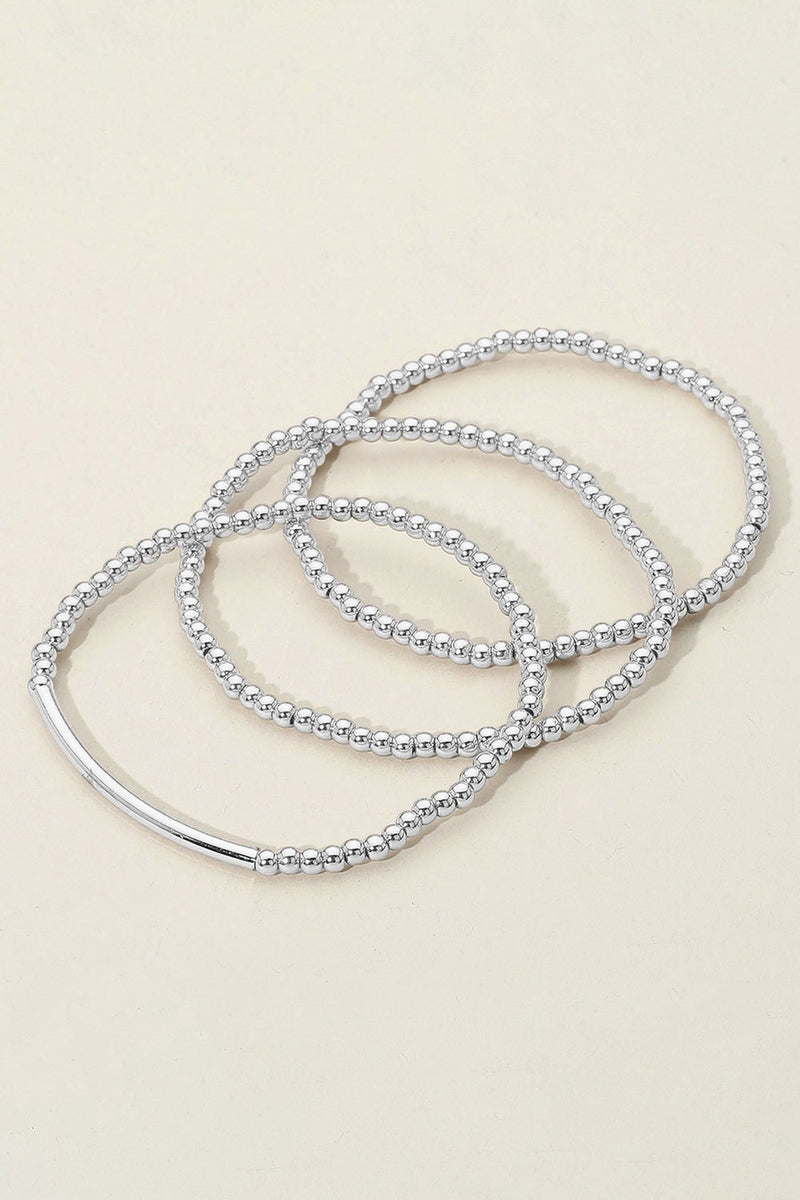 Ball Beaded Bar Stretch Silver Bracelets