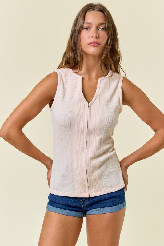 Ivory V-neck Sleeveless Top W/ Front Metal Zipper