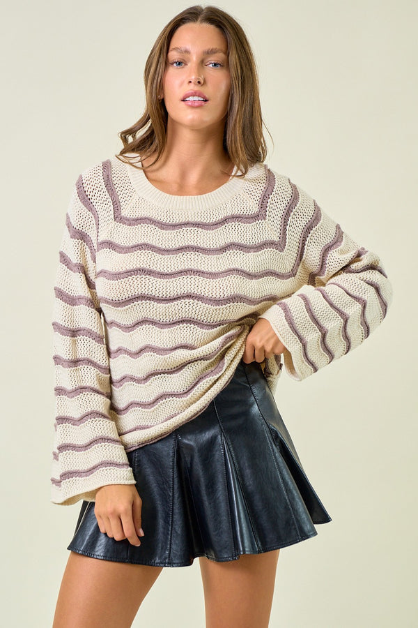 Cream Striped Pointelle Bell Sleeve Sweater Top