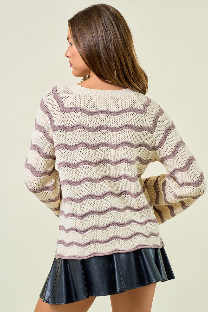 Cream Striped Pointelle Bell Sleeve Sweater Top