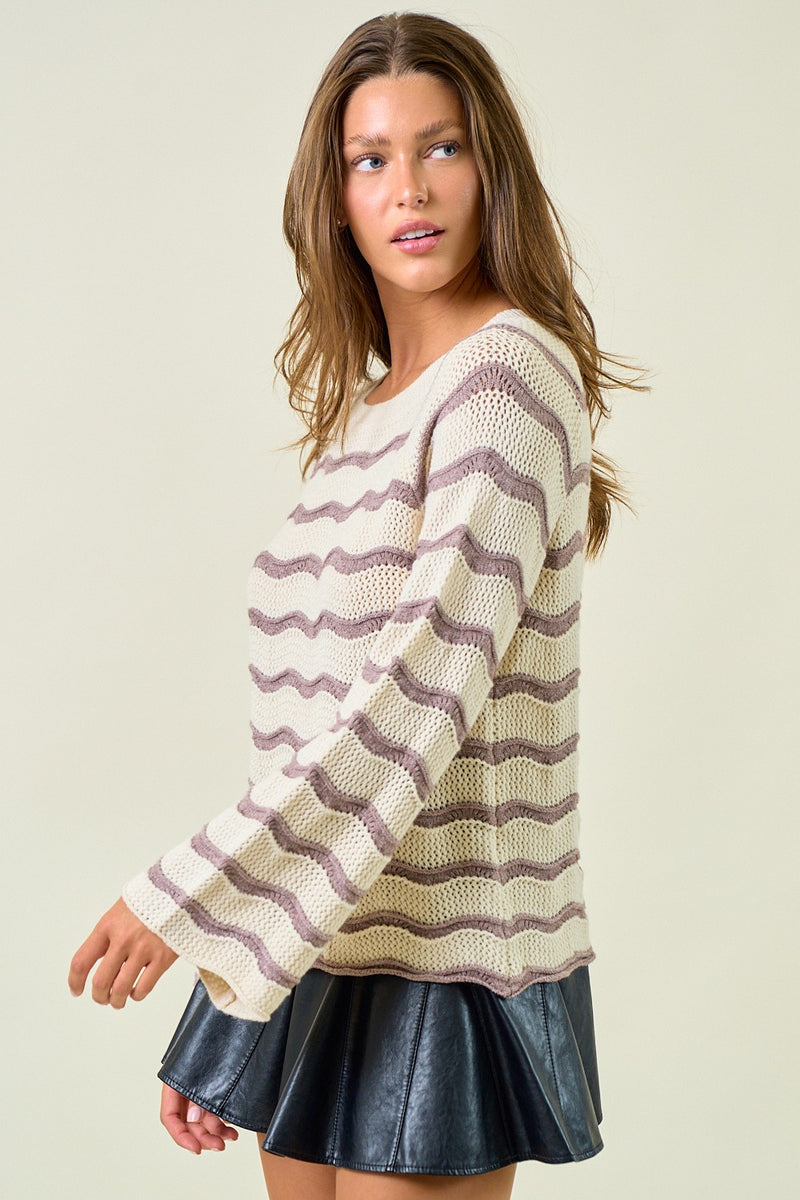 Cream Striped Pointelle Bell Sleeve Sweater Top