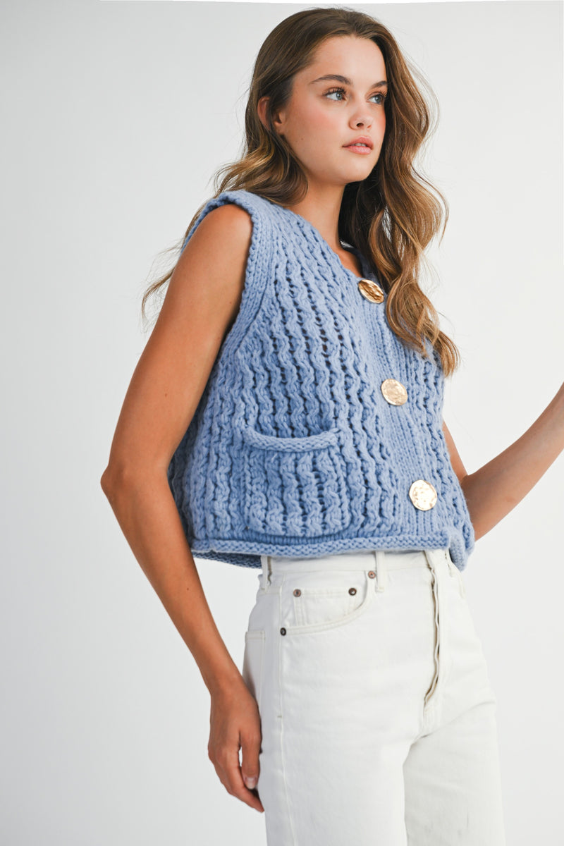 Mable Please And Thank You Periwinkle Chunky Openwork Knit Gold Button Down Vest