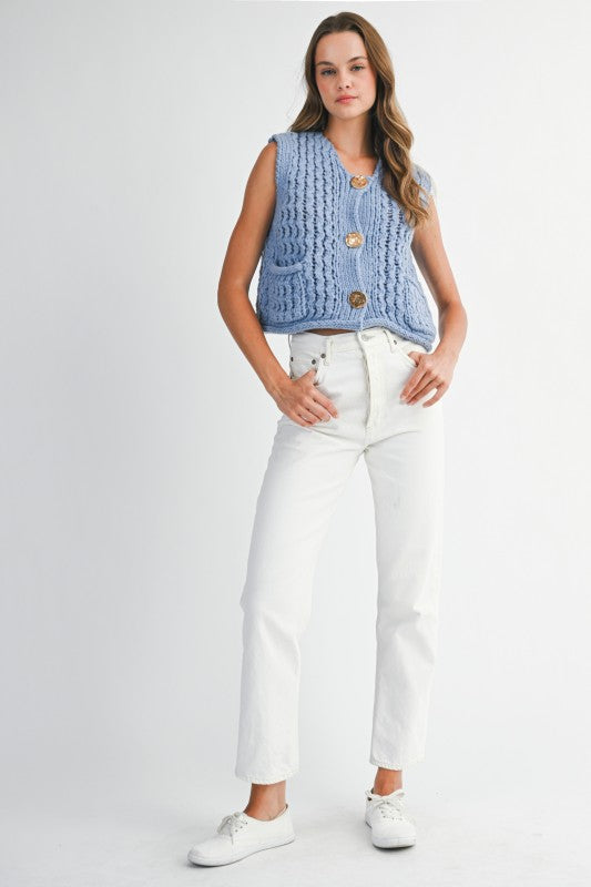 Mable Please And Thank You Periwinkle Chunky Openwork Knit Gold Button Down Vest