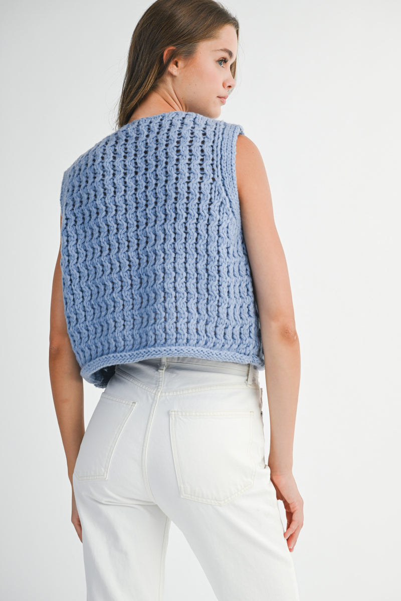 Mable Please And Thank You Periwinkle Chunky Openwork Knit Gold Button Down Vest
