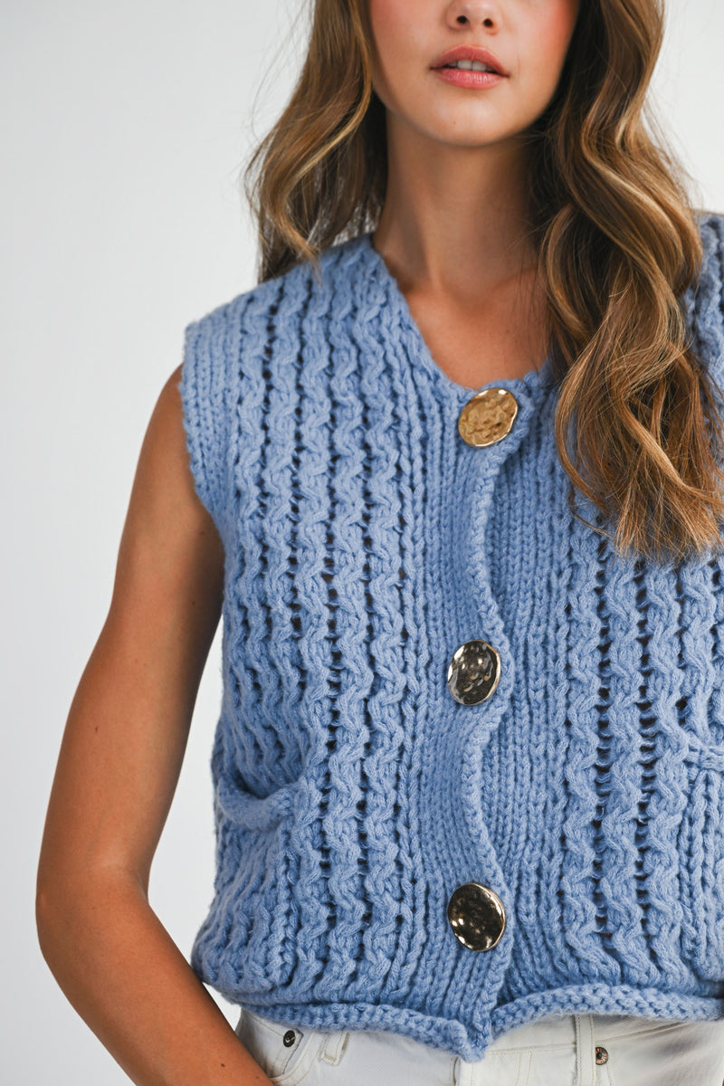 Mable Please And Thank You Periwinkle Chunky Openwork Knit Gold Button Down Vest