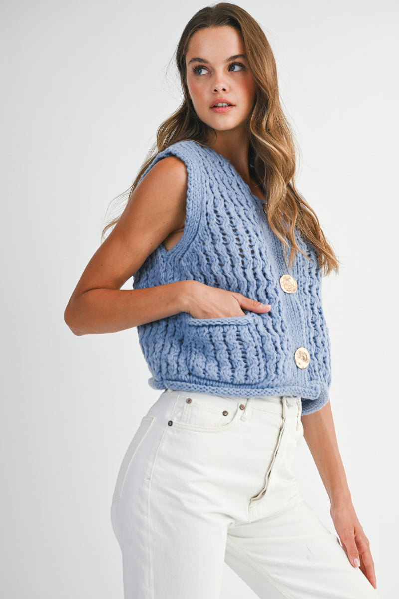 Mable Please And Thank You Periwinkle Chunky Openwork Knit Gold Button Down Vest