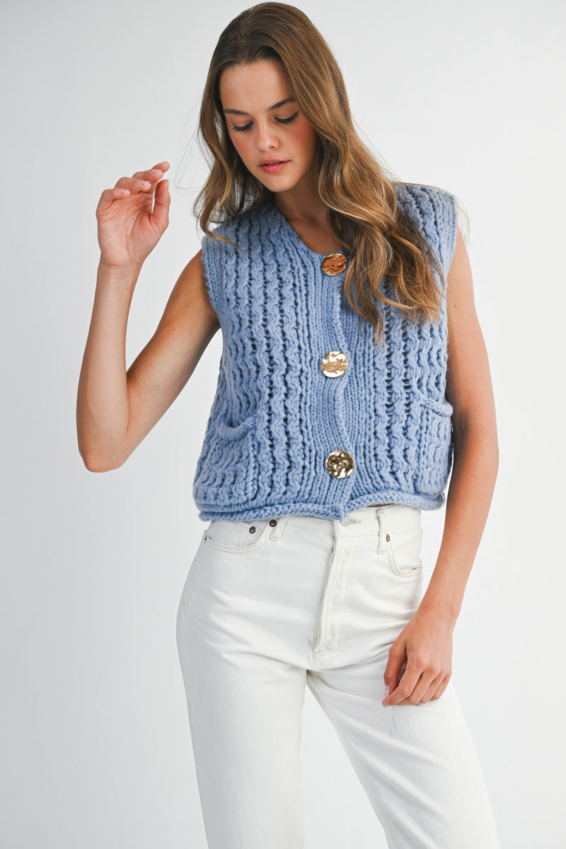 Mable Please And Thank You Periwinkle Chunky Openwork Knit Gold Button Down Vest