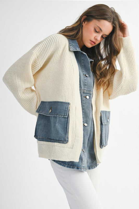 Mable Ribbed Knit Sweater With Denim Shirt Detail