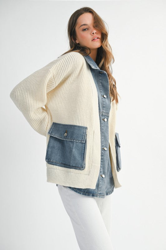 Mable Ribbed Knit Sweater With Denim Shirt Detail