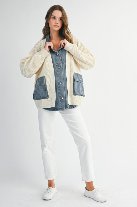 Mable Ribbed Knit Sweater With Denim Shirt Detail