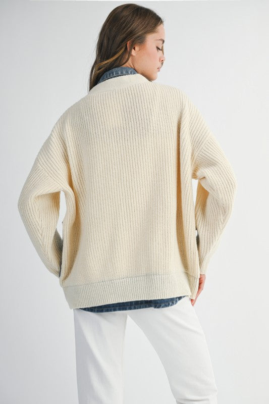 Mable Ribbed Knit Sweater With Denim Shirt Detail