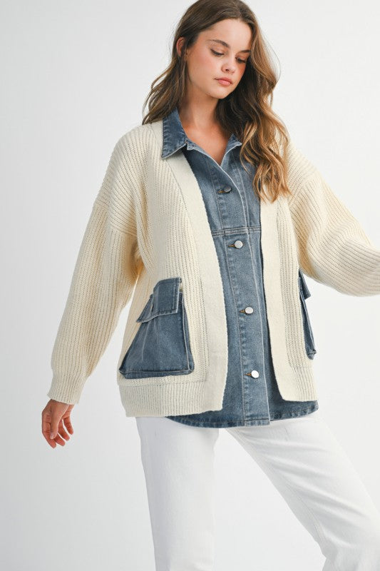 Mable Ribbed Knit Sweater With Denim Shirt Detail