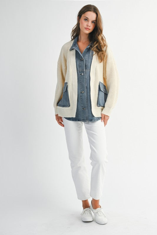 Mable Ribbed Knit Sweater With Denim Shirt Detail
