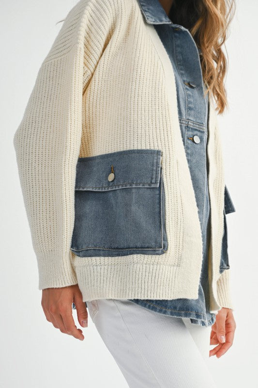 Mable Ribbed Knit Sweater With Denim Shirt Detail