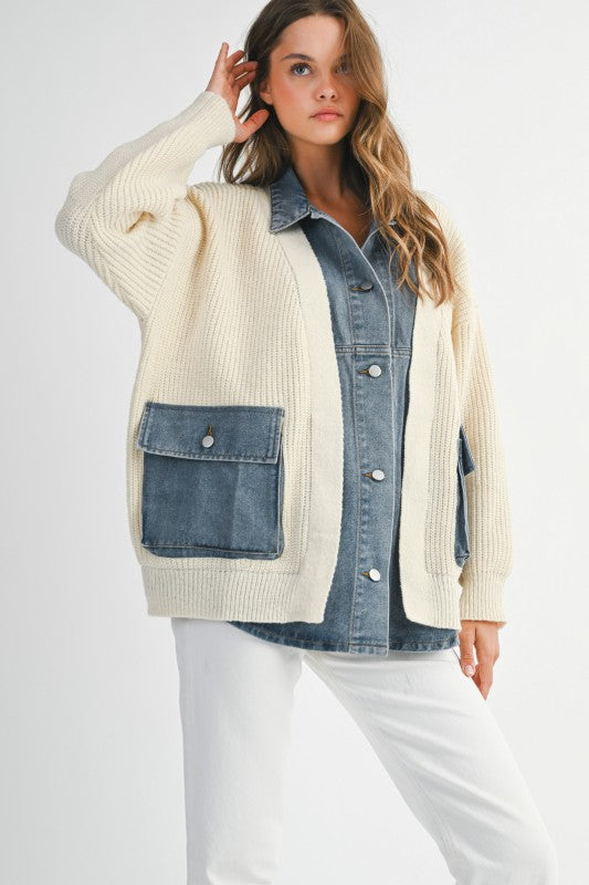 Mable Ribbed Knit Sweater With Denim Shirt Detail