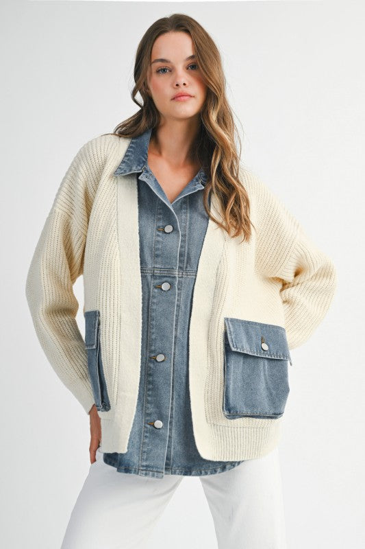 Mable Ribbed Knit Sweater With Denim Shirt Detail