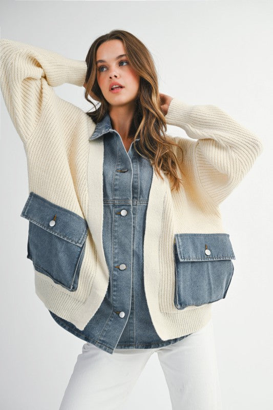 Mable Ribbed Knit Sweater With Denim Shirt Detail