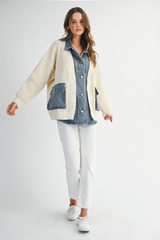 Mable Ribbed Knit Sweater With Denim Shirt Detail