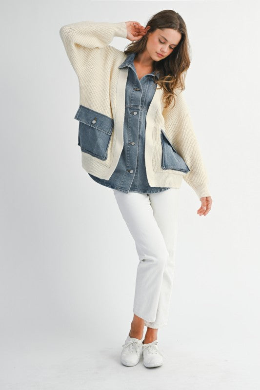 Mable Ribbed Knit Sweater With Denim Shirt Detail