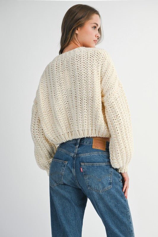 Mable Cream Chunky Knit V Neck Wood Button Down Cardigan