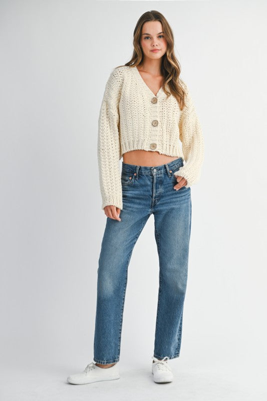 Mable Cream Chunky Knit V Neck Wood Button Down Cardigan
