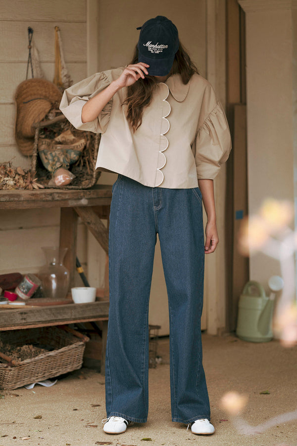 Mable Denim High Waist Pintuck Wide Leg Jean Pants