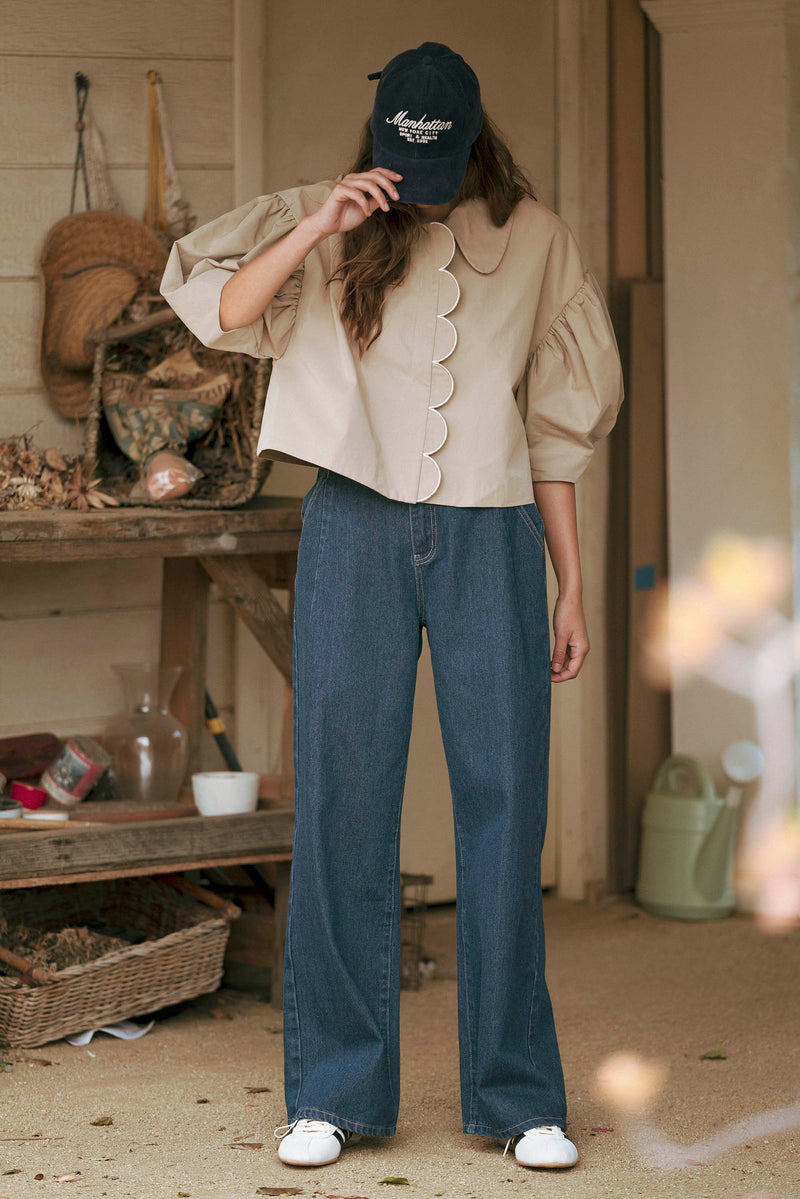 Mable Denim High Waist Pintuck Wide Leg Jean Pants