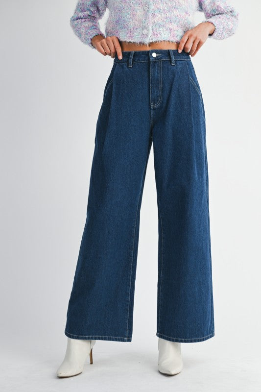 Mable Denim High Waist Pintuck Wide Leg Jean Pants