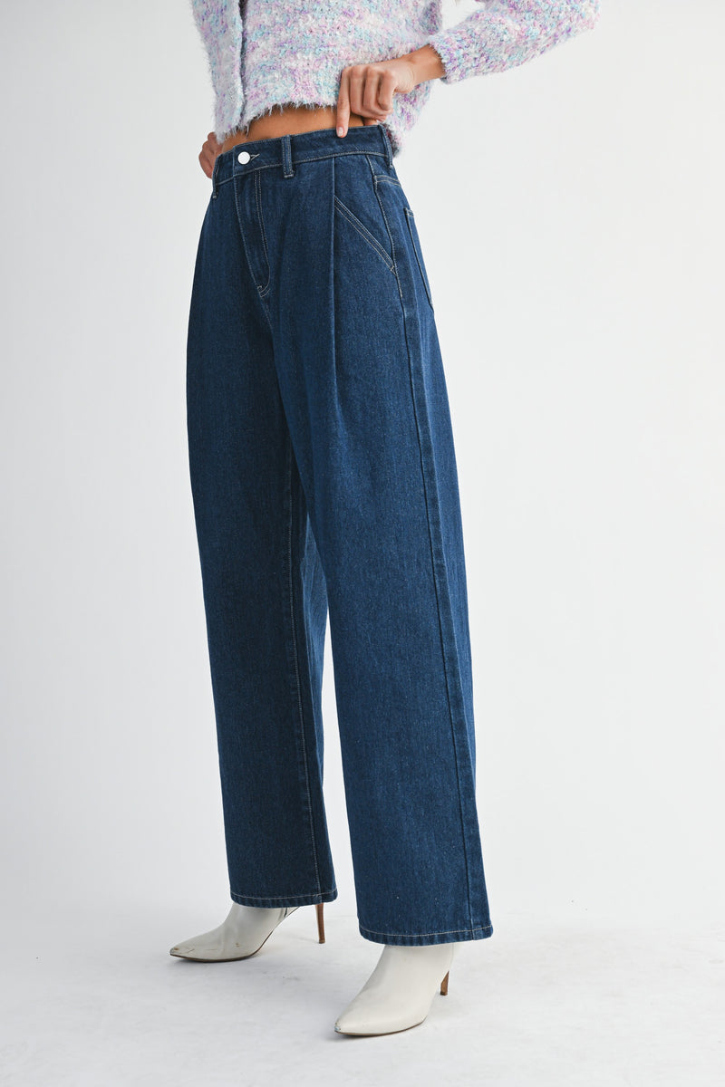 Mable Denim High Waist Pintuck Wide Leg Jean Pants