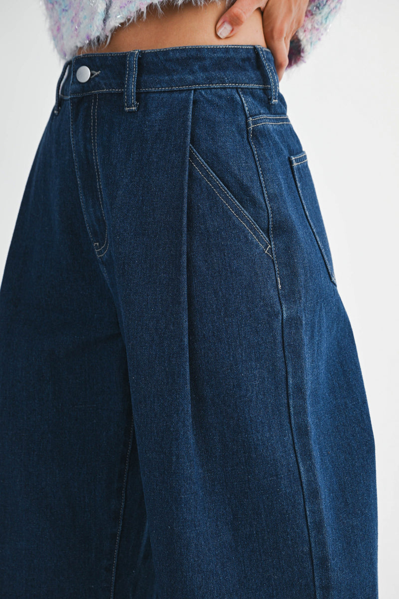 Mable Denim High Waist Pintuck Wide Leg Jean Pants