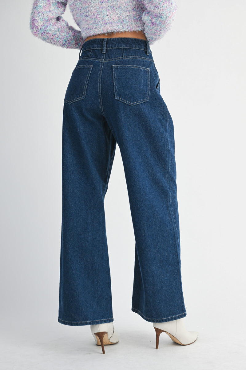 Mable Denim High Waist Pintuck Wide Leg Jean Pants